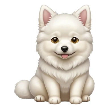 a big samoyed dog sitting down holding a yellow chihuahua sticker