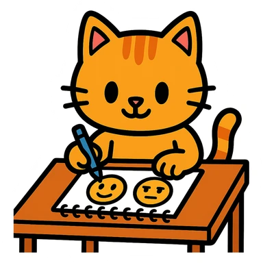 cute cartoon kitty sitting at a desk, drawing emoji faces sticker