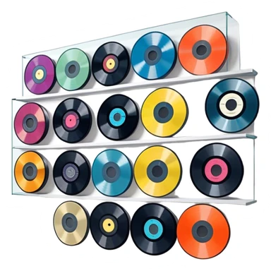 Icon for Vinyl Record Collecting: colorful vinyl records in decorative packaging featuring artist images, neatly arranged on a wall or shelf. The icon should reflect the aesthetic and artistic aspect of collecting vinyl records. Transparent background. sticker