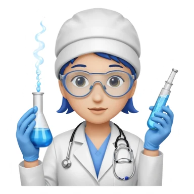 A person wearing safety goggles, a stethoscope, and a white coat. They are wearing blue protective gloves. In their hand, they are holding a test tube containing chemicals. sticker