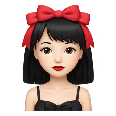 emoji feminino branca com cabelo longo, preto, liso e com franja. olhos castanhos. no rosto maquiagem com blush, cílios, delineador e batom vermelho. usando uma blusa preta com alças finas e um laço branco de cada lado sticker