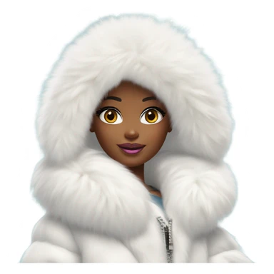 Barbie looking emoji  in an extremely big fluffy oversized white fur coat with hood on. The fur is real and it’s very obvious big and fluffy like in Pinterest  sticker