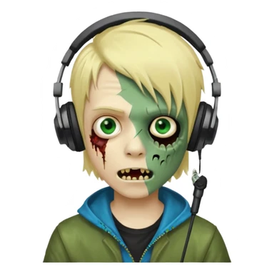 boy zombie whit blonde emo hair and eyes blue and GREEN SKIN and heandphones and a microfone and gold teeth sticker