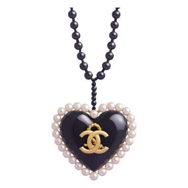 Add a string of pearls around the heart, keep the black Chanel logo, elegant, glossy, black and white, 3D emoji style, with no background sticker