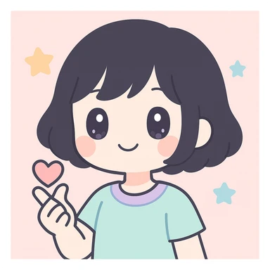 chica de cabello negro, corto y ondulado, haciendo un corazón con la mano, estilo anime kawaii sticker