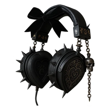 Add spiked hoops, a dangling skull charm, and a velvet ribbon to the realistic black gothic headphones with heart-shaped ear cups, metallic chains, and gothic engravings. Keep the background transparent. Maintain the realistic black gothic style with metallic and velvet textures. sticker
