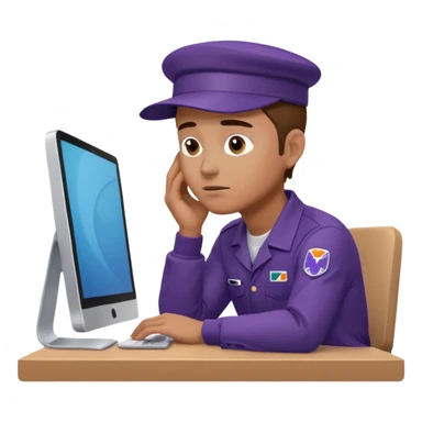 emoji of a man sitting at the table with an imac on it, a man is sitting in a very thoughtful pose, he has his hands on the table and his head resting on themб he look into the screen of imac, he is dressed in FedEx uniform with a cap sticker