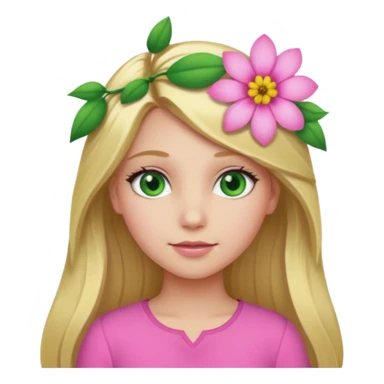 Girl profile picture with long blonde hair and green eyes and a flower in her hair. and a pink outfit sticker