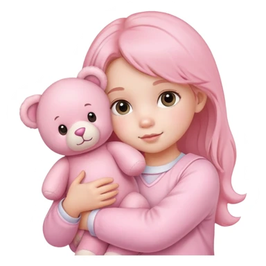 cute toddler girl with pastel pink clothes holding a pink teddy bear sticker