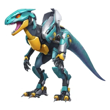 Colorful Edgy Greymon-Velociraptor-Genesect-Fakémon-Pokémon wearing a with a futuristic helmet And Mecha-suit Full Body sticker