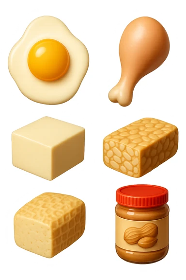 EMOJI STILE IPHONE DI
 uova, pollo, tofu, tempeh, burro di arachidi
, fluttuano in aria REALISTICA 4K sticker
