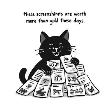 a smiling cat hugging a pile of screenshots, with the phrase 'these screenshots are worth more than gold these days' written in the image, white background sticker