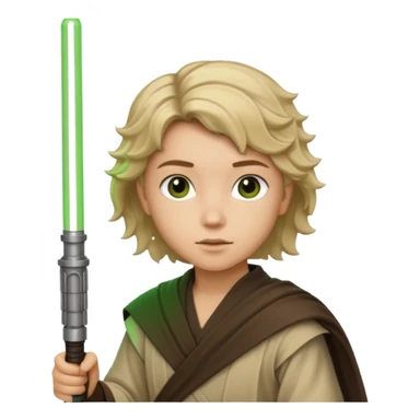 Young jedi with dark brown eyes and sandy blonde wavy short hair holding a green light saber.  sticker