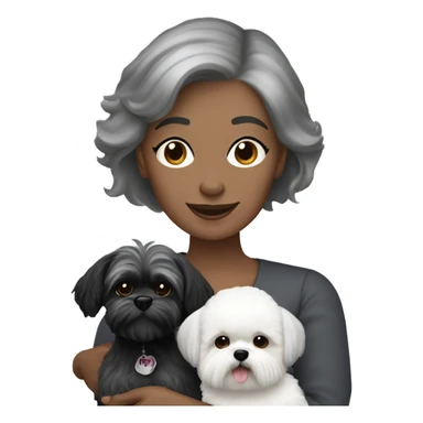 White women with short grey hair holding two dogs one black shih tzu and one white bichon frise sticker
