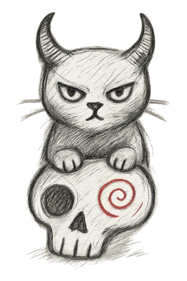 Make the black cat with demon horns and skull less cartoonish, more realistic hand drawn style, sketchy lines, no fill, preserve the red spiral on the skull, transparent background. sticker