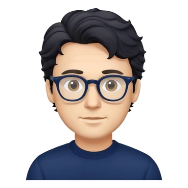 Caucasian man with black wavy hair wearing glasses and a long sleeve navy blue sweater sticker