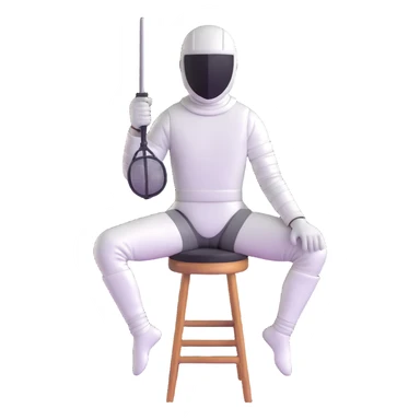epee fencer sitting on a stool with fencing mask under arm waiting for match sticker