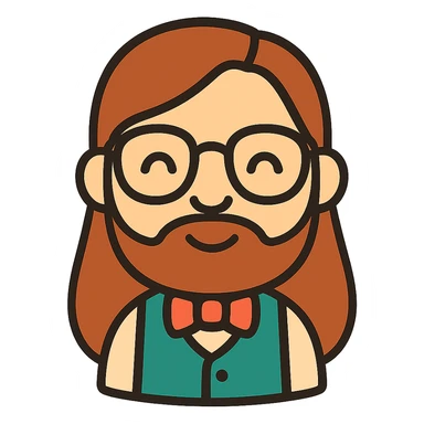 Add long hair and a beard to the nerd character, keeping the original style and transparent background. sticker