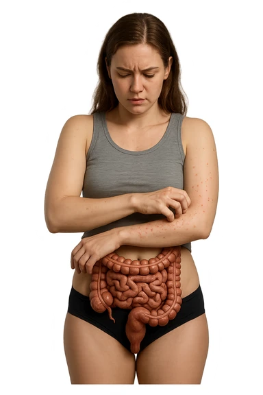 DONNA REALISTICA CON INTESTINO UMANO ANATOMICO REALISTICO CHE SI GRATTA IL BRACCIO SU CUI HA DELLE PUSTOLE ROSSE DI ALLERGIA, FIGURA INTERA, IPERREALISTICA 4K sticker