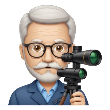 Older Man, white skin, glasses, full head of hair, beard & mustache, brown hair, holding spotter scope sticker
