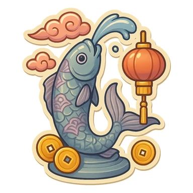 elongated slender fountain shaped like a serious fish with a water stream flowing from its mouth, retro-stickers style, eastern decor with patterns, clouds, coins, lanterns, detailed drawing with shadows and highlights, thin clean contours, soft rounded shapes, pastel palette #98B5BC, #B5B3C1, #C9A3C9, #E4C0CA, #F7DCD1, #F7C0AA, modern Japanese pop art, soft lighting, transparent background sticker