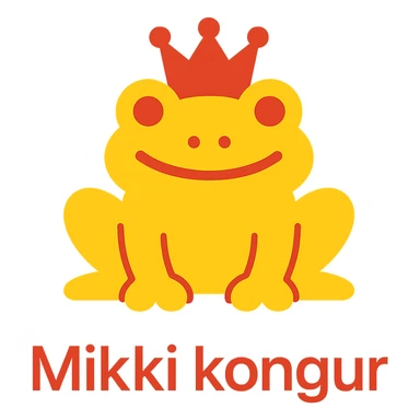 crowned frog in DHL Express branding smiling with 'Mikki kongur' text in a modern sans-serif font, simple flat color icon style sticker