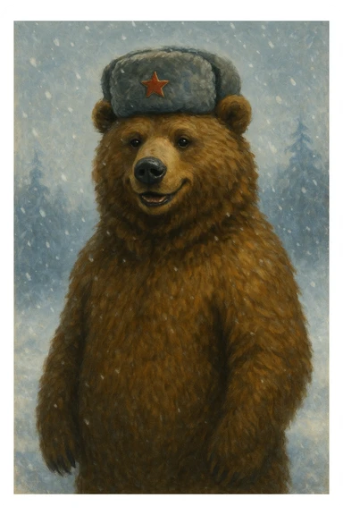 A Russian bear, classic style, wearing a ushanka hat, standing upright, friendly expression, winter background with snow and cold atmosphere. sticker