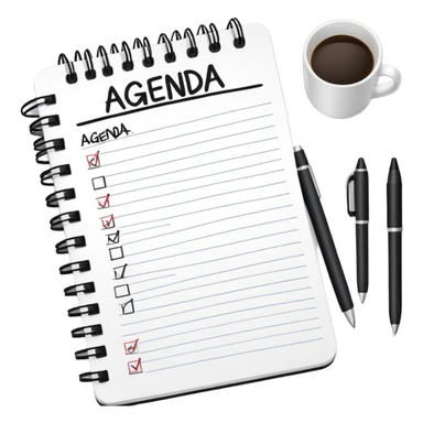 A notebook with 'AGENDA' written on top and meeting items listed below with bullet points sticker
