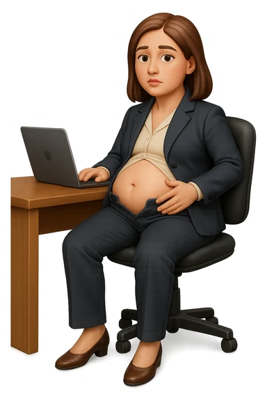 emoji stile iphone di una donna seduta alla scrivania dell'ufficio in completo elegante con i pantaloni sbottonati perché ha la pancia gonfia, falla a corpo intero, iperrealistico 4k sticker