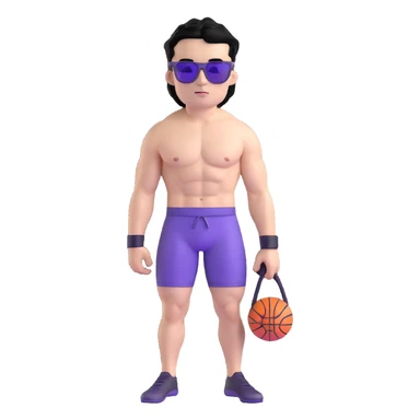 shirtless male athlete with white skin and moderately curly black hair on top with shaved sides, wearing purple sunglasses with black tinted lenses sticker