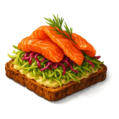 В слега рисованном, но при этом ярком и объемном стиле сгенерируй картинку сочного смёрребрёда c капустой, рыбой, профессионально выставленный свет, который подчеркивает объем, прозрачный фон sticker