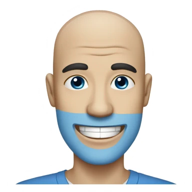 bald man with blue skin, black eyes and a white smile sticker