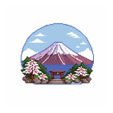Mount Fuji with snow cap and cherry blossoms around the base sticker