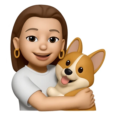 make the golden ring earrings twice as big while she is wearing a white t-shirt and hugging a corgi dog, keep the same style sticker