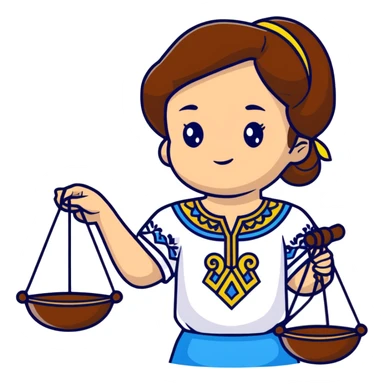 Ukrainian girl with brown hair wearing a traditional embroidered vyshyvanka shirt, holding scales of justice in her hand sticker