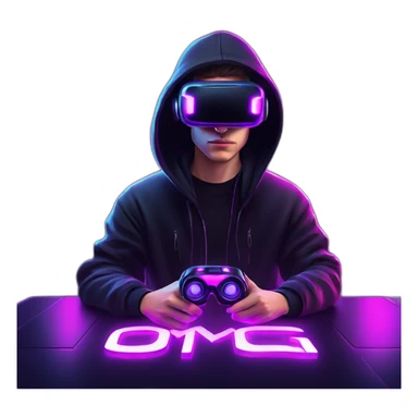 Russian young man wearing a black hoodie with "OMG" letters on it and VR headset in a cyberpunk VR environment with violet neon lighting. sticker