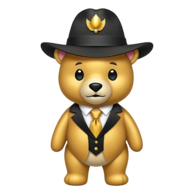 Oso dorado con un sombrero negro y fn su cuello un moño negro sticker