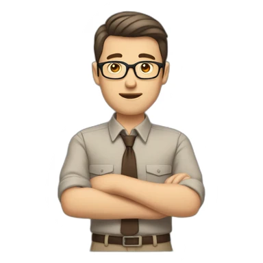 To belt Actively gesturing with hands 👌 Pale skinned fit man with dark brown hair in gray jacket, beige office shirt, brown tie, brown pants and vintage glasses. sticker