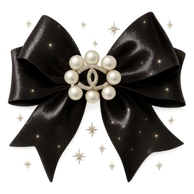 Add a solid white background behind the elegant bow with pearls and gold Chanel logo, sparkling effects, glossy, black and white, realistic style. sticker