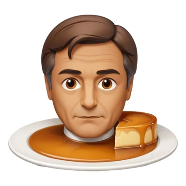 bust of François Fillon made of flan, caramel hair, detailed facial features, sitting on a white plate sticker