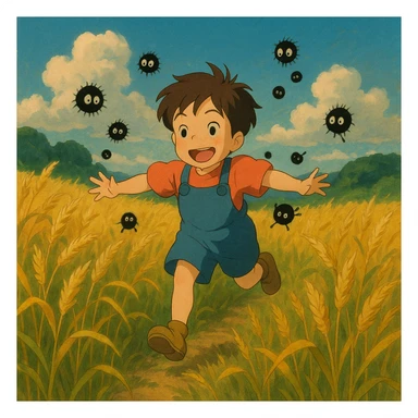 A child running through a golden wheat field, chased by playful dust spirits. sticker