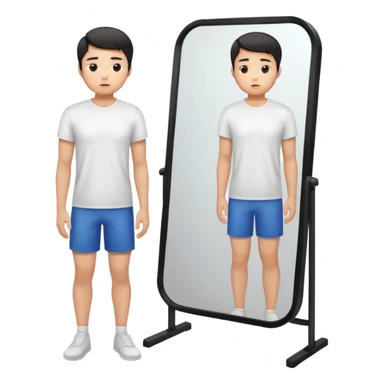 A young Asian guy is sadly examining his body in a full-length mirror. sticker