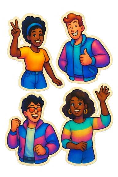 A group of friends in retro stickers style, with diverse characters and a fun design sticker