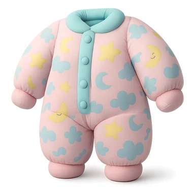cushion style onesie pajamas with playful patterns, soft and puffy look, pastel colors sticker