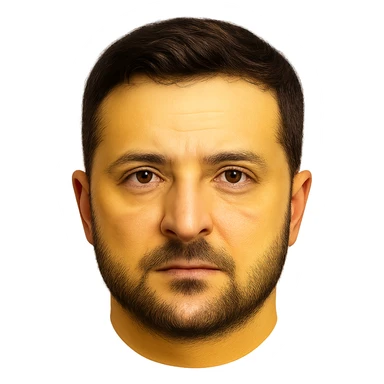 emoji-style portrait of Vladimir Zelensky with a yellow round face, very recognizable and detailed facial features, realistic eyes, hair, and beard, high quality sticker