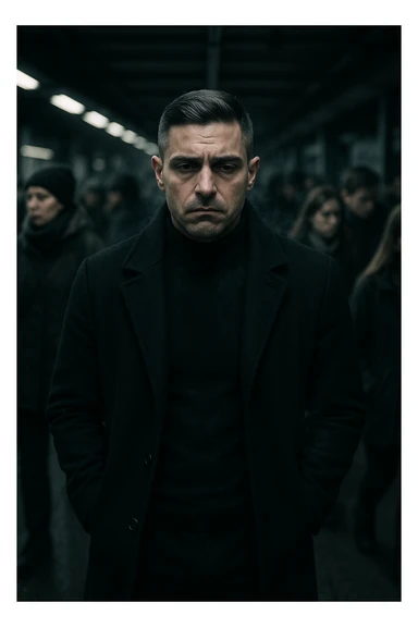 A cinematic shot of a man in his early 30s standing still in the middle of a crowded urban environment — perhaps a subway platform or office hallway — surrounded by blurred, cold-looking people facing away from him or speaking among themselves, ignoring him completely. The man has a heavy, emotionally drained expression, shoulders slightly slouched, hands in his coat pockets. He stands out in sharp focus while the others are dimly lit, grey-toned, and in motion blur. The lighting is harsh and cool, with strong shadows and low saturation to emphasize emotional isolation. A subtle dark aura or mist lingers around the man’s body, visually conveying the weight of negativity and emotional pressure. Shot in 35mm cinematic style, high realism, with a desaturated color palette and shallow depth of field sticker