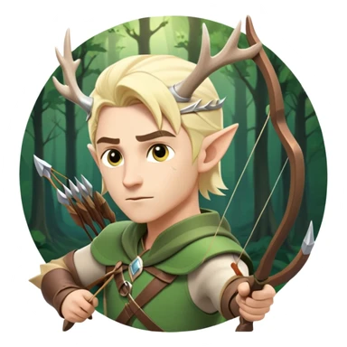clash-of-clans-aesthetic-blond-male elf-archer-portrait-emoji, rendered in a flat, vector-style with minimal shading and bold holding his bow, simplified shapes, head tilted slightly forward with a determined, focused expression, riding a majestic white stag whose antlers glow with mystical energy, set against an ancient, enchanted forest backdrop. sticker