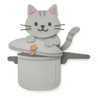 soft grey pressure cooker cat, popping out of the lid, playful expression, full-body sticker
