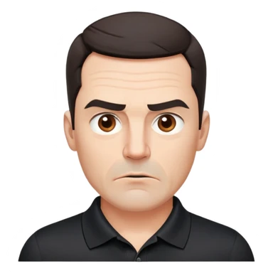Middle-aged man with strong square face, pronounced jawline, full cheeks, manic energy with intense stare, dark brown eyes, thick raised eyebrows, wide proportional nose, mouth slightly open in disbelief, short dark hair neatly styled, wearing a black polo shirt sticker