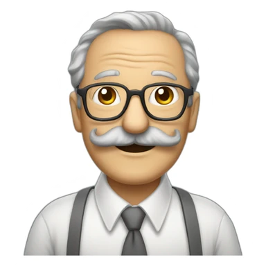 smiling old painter wearing a big gray horeshoe mustache and glasse. he wears a shirt and tie sticker